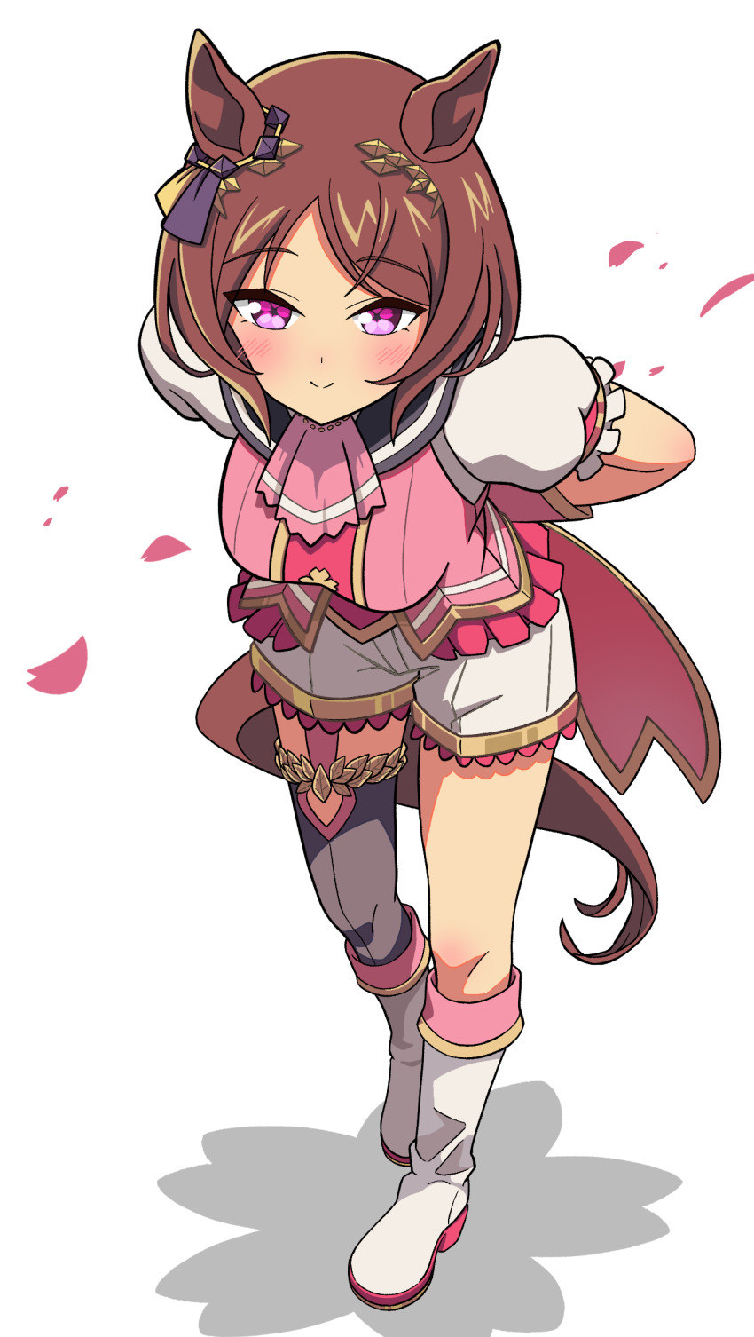 1girl, absurdres, animal_ears, ankle_boots, ascot, blush, bob_cut, boots, brown_hair, cherry_blossoms, commentary, ear_ornament, falling_petals, flower_in_eye, genzo_nasu, hair_ornament, highres, horse_ears, horse_girl, horse_tail, looking_at_viewer, parted_bangs, petals, pink_ascot, puffy_short_sleeves, puffy_sleeves, purple_eyes, sakura_laurel_(saisir_le_reve)_(umamusume), sakura_laurel_(umamusume), short_hair, short_sleeves, shorts, simple_background, single_thighhigh, smile, solo, symbol_in_eye, tail, thighhighs, umamusume, umamusume:_star_blossom, white_background, white_boots, white_shorts