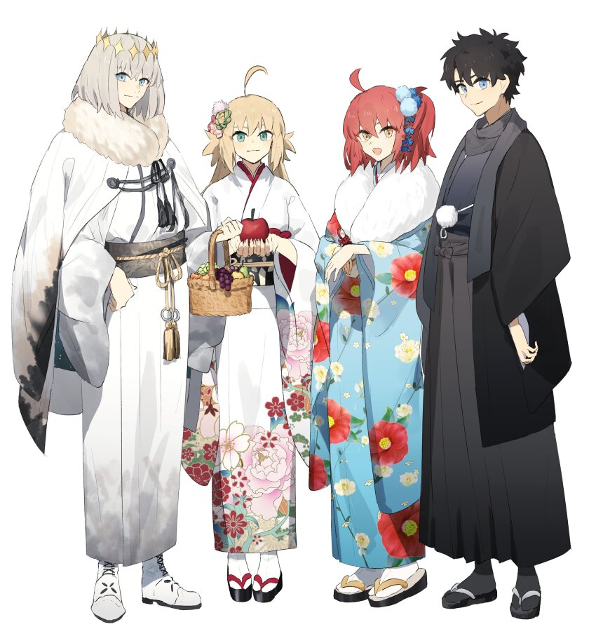 2boys, 2girls, absurdres, ahoge, apple, artoria_caster_(fate), artoria_caster_(new_year_2022)_(fate), artoria_pendragon_(fate), black_hair, black_kimono, black_socks, blonde_hair, blue_kimono, cape, closed_mouth, diamond_hairband, fate/grand_order, fate_(series), floral_print, food, fruit, fruit_basket, fujimaru_ritsuka_(female), fujimaru_ritsuka_(female)_(ceremonial_new_year), fujimaru_ritsuka_(male), fujimaru_ritsuka_(male)_(ceremonial_new_year), full_body, fur-trimmed_cape, fur_trim, grapes, green_eyes, grey_hair, hair_ornament, highres, holding, holding_food, holding_fruit, japanese_clothes, kimono, looking_at_viewer, multiple_boys, multiple_girls, ninjin_(ne_f_g_o), oberon_(fate), oberon_(kyomaf_2023)_(fate), one_side_up, open_mouth, pear, pom_pom_(clothes), pom_pom_hair_ornament, red_hair, sandals, simple_background, smile, socks, twintails, white_background, white_cape, white_footwear, white_kimono, white_socks, wide_sleeves, yellow_eyes, zouri