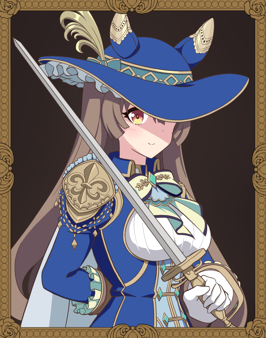 1girl, absurdres, animal_ears, arm_behind_back, blue_headwear, bow, bowtie, brown_eyes