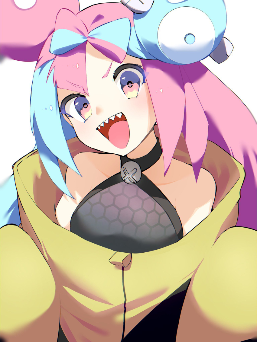 1girl, :d, blurry, bow-shaped_hair, character_hair_ornament, collarbone, commentary_request, green_hair, grey_shirt, hair_ornament, head_tilt, highres, iono_(pokemon), jacket, looking_at_viewer, multicolored_hair, nintendo, open_mouth, pink_eyes, pink_hair, pokemon, pokemon_scarlet_and_violet, sharp_teeth, shirt, sleeveless, sleeveless_shirt, smile, solo, teeth, tomitacchi, tongue, two-tone_hair, upper_body, upper_teeth_only, white_background, yellow_jacket