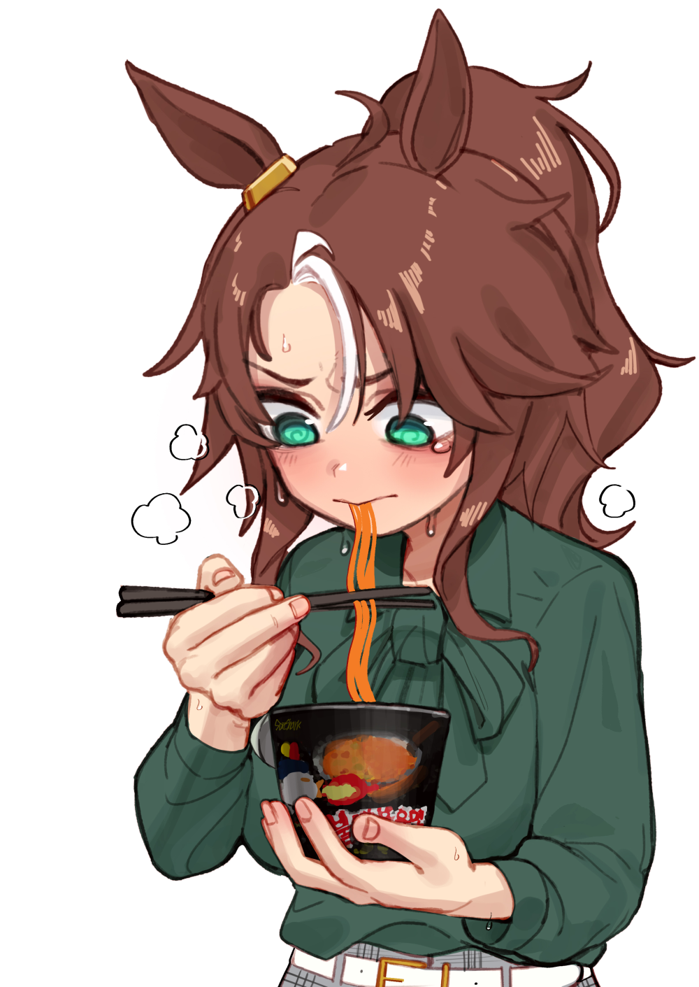 1girl, animal_ears, blush, brown_hair, chopsticks, eating, food, green_shirt