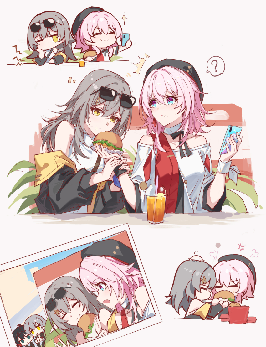 2girls, ?, anger_vein, beret, black_bow, black_dress, black_headwear, blue_eyes, bow, burger, caelus_(honkai:_star_rail), cellphone, chinese_commentary, commentary_request, cup, dan_heng_(honkai:_star_rail), detached_collar, disposable_cup, dress, drink, drinking_straw, earrings, eating, eyewear_on_head, food, food_on_face, grey_hair, hair_ornament, hairpin, hat, head_bump, highres, holding, holding_food, holding_phone, honkai:_star_rail, honkai_(series), jacket, jewelry, march_7th_(honkai:_star_rail), march_7th_(kfc)_(honkai:_star_rail), medium_hair, multicolored_eyes, multicolored_jacket, multiple_girls, notice_lines, off-shoulder_shirt, off_shoulder, official_alternate_costume, partial_commentary, phone, pink_eyes, pink_hair, red_jacket, shirt, short_sleeves, single_earring, sleeveless, sleeveless_shirt, smartphone, stelle_(honkai:_star_rail), stelle_(world_tour_2023)_(honkai:_star_rail), trailblazer_(honkai:_star_rail), two-sided_fabric, two-tone_eyes, white_bow, white_jacket, white_shirt, wrist_bow, yajuu, yellow_eyes