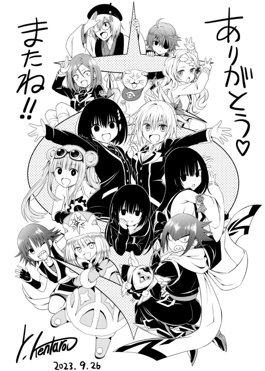 2023, 2others, 3boys, 6+girls, :d, ;d, artist_name, ayakashi_triangle, black_eyes, black_gloves, black_hair, bodystocking, braid, commentary_request, dated, detached_sleeves, double_bun, double_v, everyone, eyelashes, eyepatch, fingerless_gloves, fishnet_bodystocking, fishnets, garaku_utagawa, glasses, gloves, goggles, goggles_on_head, greyscale, hair_bun, hair_ornament, hairclip, happy, hat, highres, hinojiki_sosuke, hirasaka_mei_(ayatora), hood, hoodie, japanese_clothes, kanade_(ayatora), kanade_suzu, kazamaki_matsuri, kazamaki_matsuri_(female), korogi_reo, light_blush, long_hair, looking_at_viewer, medium_hair, monochrome, multiple_boys, multiple_girls, multiple_others, necktie, ninja, ninokuru_haya, ninokuru_ponosuke, ninokuru_soga, official_art, one_eye_closed, open_mouth, pinwheel, pinwheel_hair_ornament, ponytail, scarf, school_uniform, sharp_teeth, shirogane_(ayatora), short_hair, signature, simple_background, single_braid, skirt, smile, snegurochka_(ayatora), spiked_hair, standing, teeth, thighhighs, thighs, toba_yayoi, translation_request, tsukioka_lucy, twintails, v, white_background, yabuki_kentarou