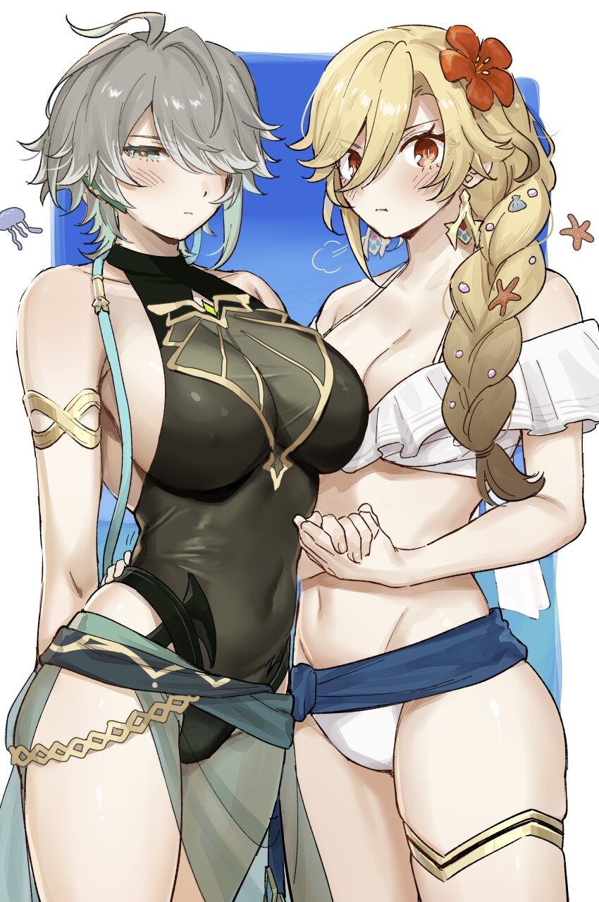 2girls, absurdres, ahoge, alhaitham_(genshin_impact), aqua_eyes, aqua_hair, bikini, blonde_hair, blush, braid, breasts, cleavage_cutout, closed_mouth, clothing_cutout, earrings, flower, genderswap, genderswap_(mtf), genshin_impact, grey_hair, hachiten, hair_between_eyes, hair_flower, hair_ornament, hair_over_one_eye, highres, jewelry, kaveh_(genshin_impact), large_breasts, long_hair, male_focus, multicolored_hair, multiple_girls, navel, off-shoulder_bikini, off_shoulder, orange_flower, red_eyes, short_hair, stomach, swimsuit, white_bikini