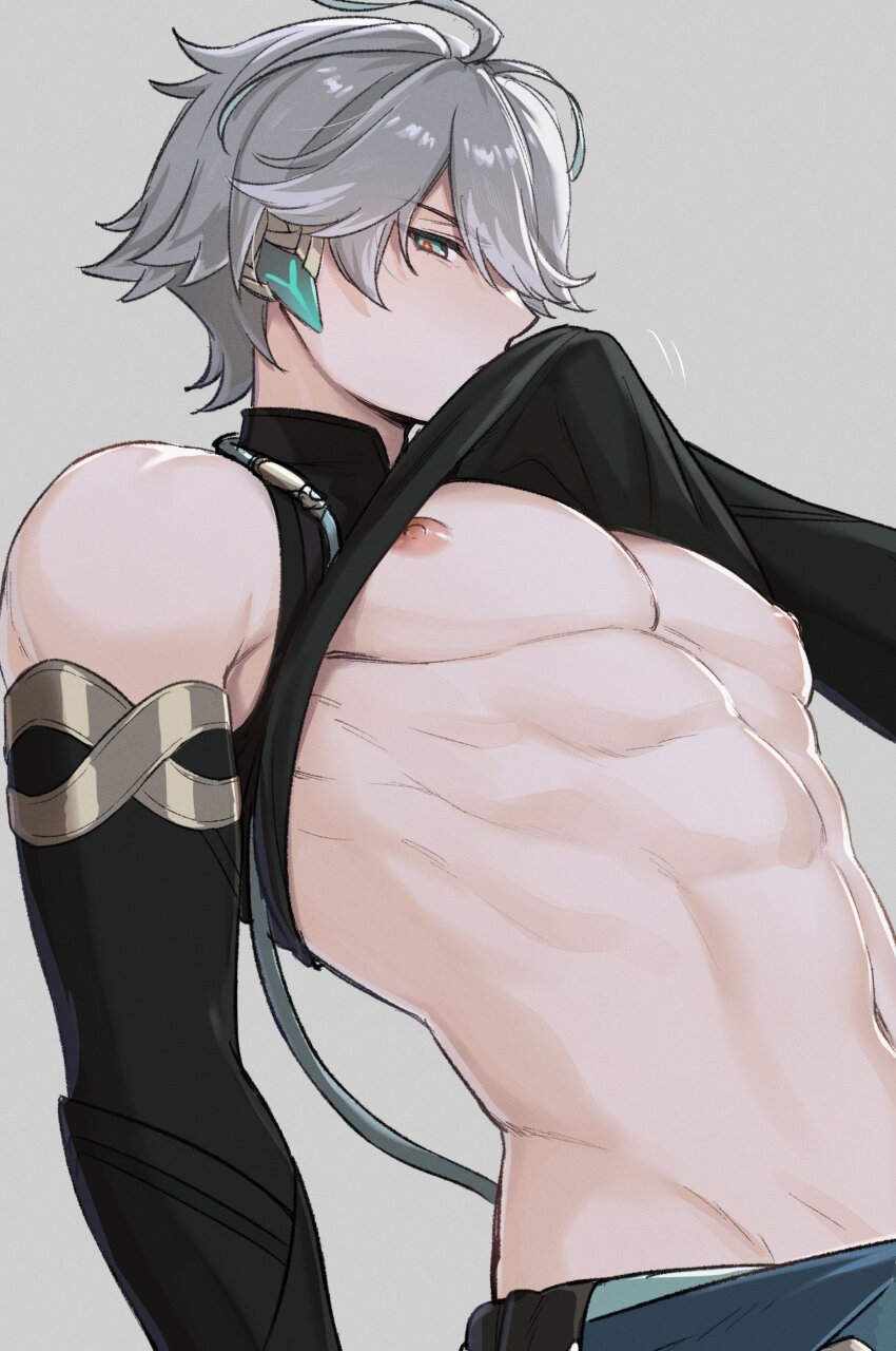 1boy, abs, absurdres, alhaitham_(genshin_impact), aqua_eyes, black_shirt, black_sleeves, clothes_lift