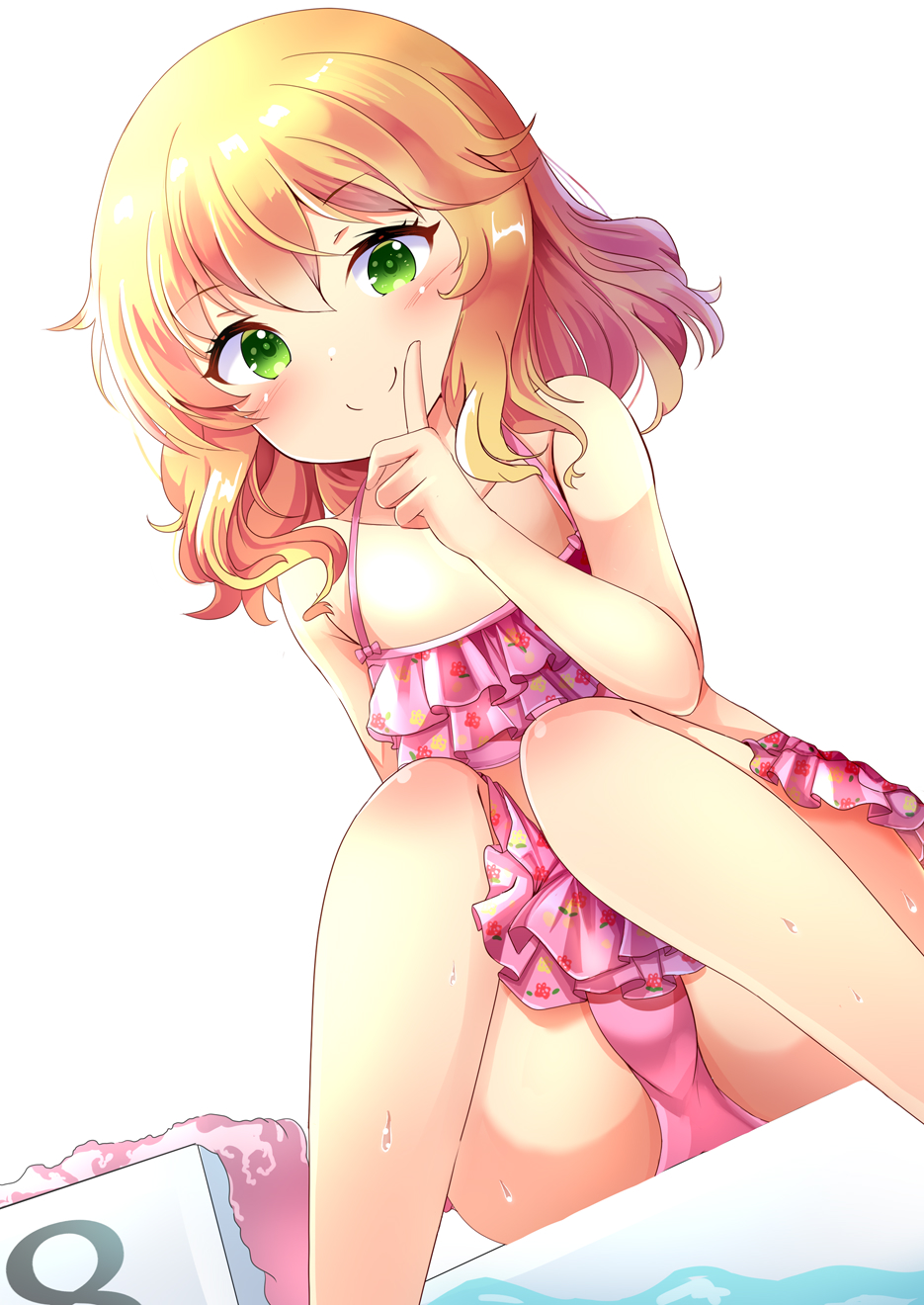 1girl, aru_(arudes), bare_shoulders, bikini, blonde_hair, blush, closed_mouth, collarbone