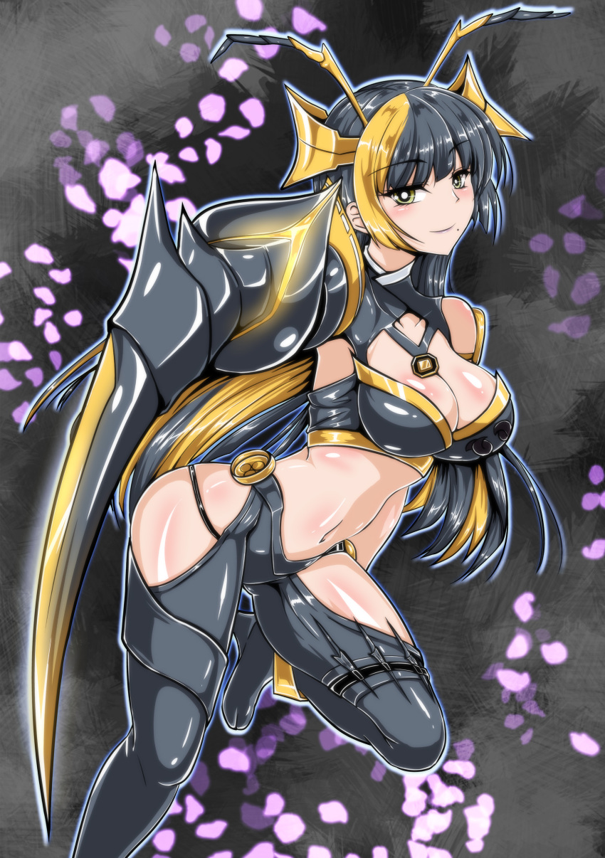 1girl, absurdres, antennae, arm_blade, black_bra, black_hair, blonde_hair, bra