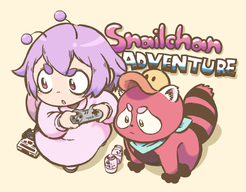 animal, antennae, appleq, baseball_cap, bottle, brown_background, character_request, collared_dress