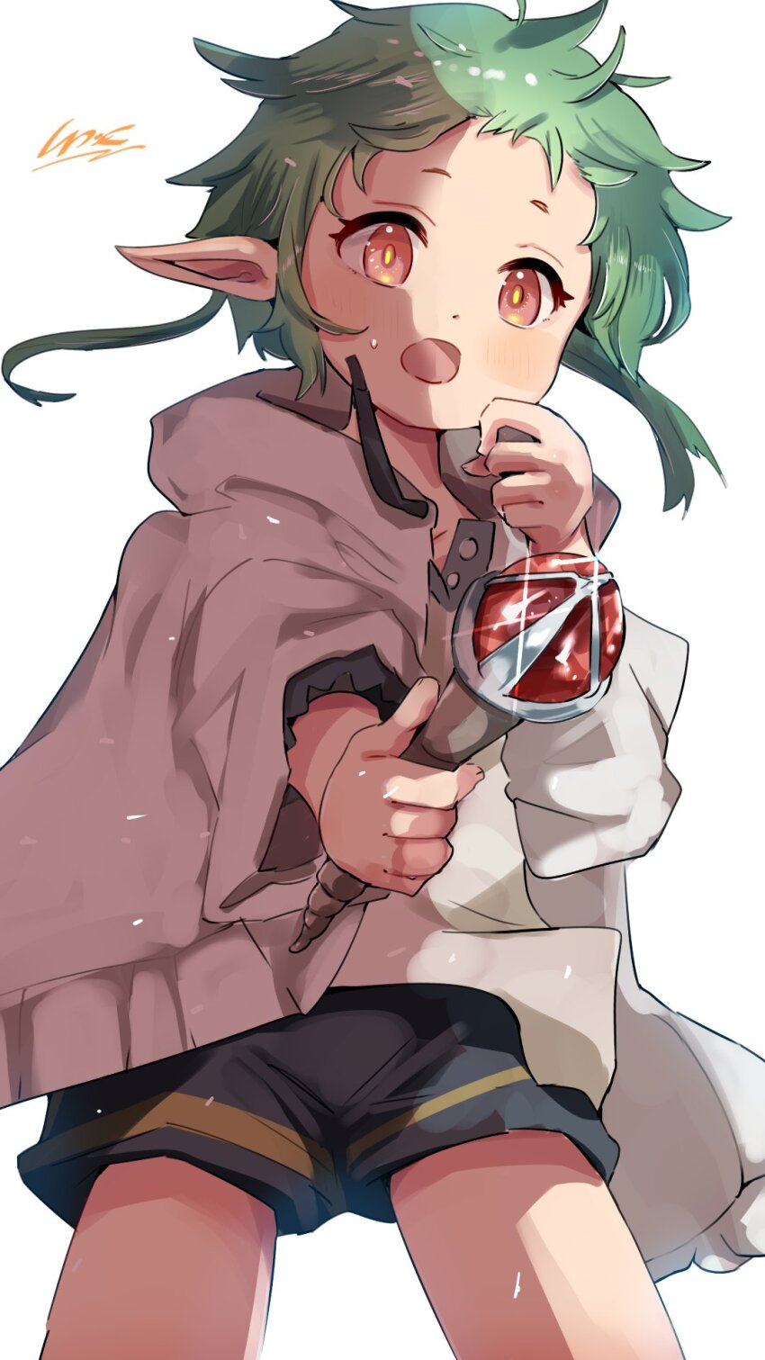 1girl, :o, black_shorts, elf, green_hair, highres, holding, holding_wand, hood, hooded_jacket, jacket, mushoku_tensei, open_mouth, pointy_ears, red_eyes, short_hair, shorts, solo, sylphiette_(mushoku_tensei), un-c, wand, white_background, white_jacket