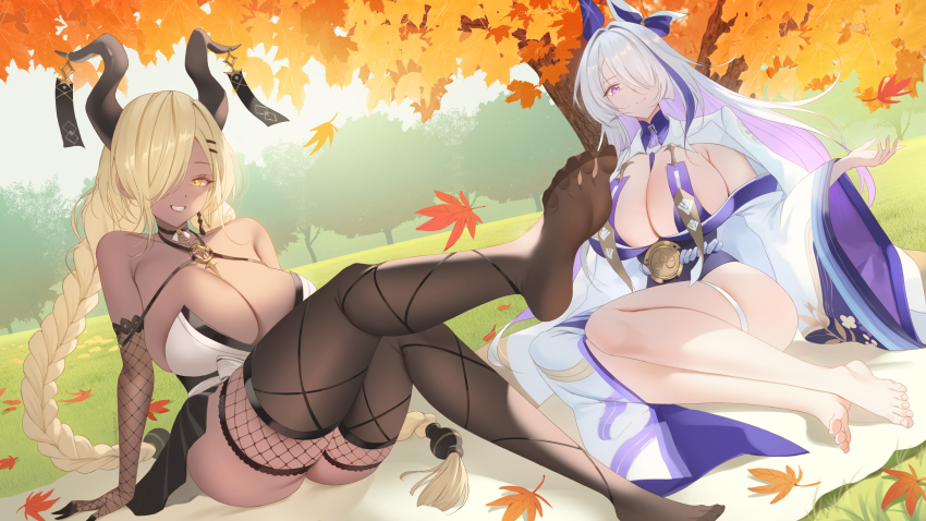 2girls, absurdres, asymmetrical_bangs, azur_lane, bare_shoulders, barefoot, black_horns, braid