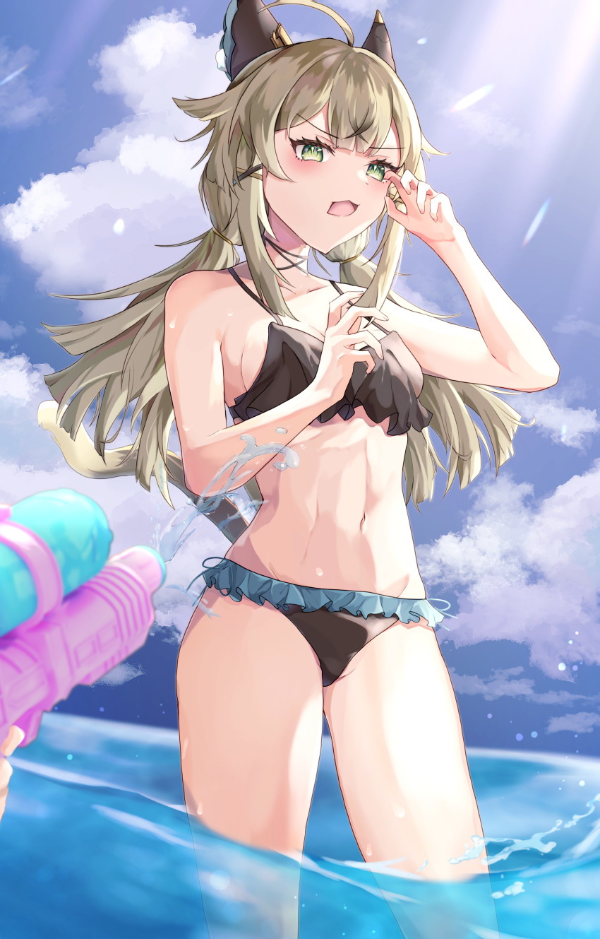 1girl, 1other, absurdres, ahoge, animal_ears, bare_arms, bare_shoulders, bikini, black_bikini, blue_sky, cat_ears, cloud, commentary_request, cowboy_shot, day, genshin_impact, green_eyes, grey_hair, haneshuu_rie, highres, kirara_(genshin_impact), long_hair, looking_at_viewer, navel, open_mouth, sky, solo_focus, standing, stomach, swimsuit, thighs, wading, water, water_gun