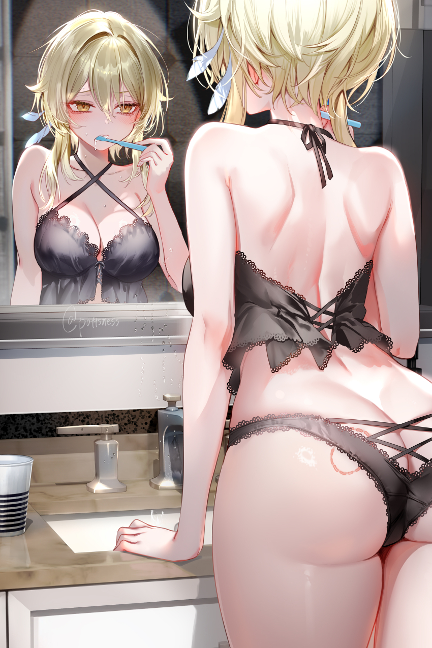 1girl, absurdres, aegyo_sal, artist_name, ass, bare_back, bite_mark, black_nightgown, black_panties, blonde_hair, blush, breasts, brushing_teeth, butt_crack, flower, genshin_impact, hair_between_eyes, hair_flower, hair_ornament, highres, huge_ass, lingerie, looking_at_mirror, looking_at_self, lumine_(genshin_impact), medium_breasts, mirror, nightgown, panties, pottsness, short_hair_with_long_locks, solo, toothbrush, toothbrush_in_mouth, underwear, underwear_only, yellow_eyes