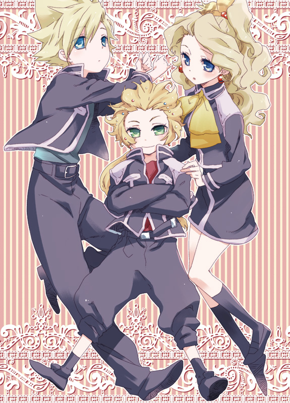 1girl, 2boys, alternate_costume, beads, blonde_hair, blue_eyes, blue_shirt, blush