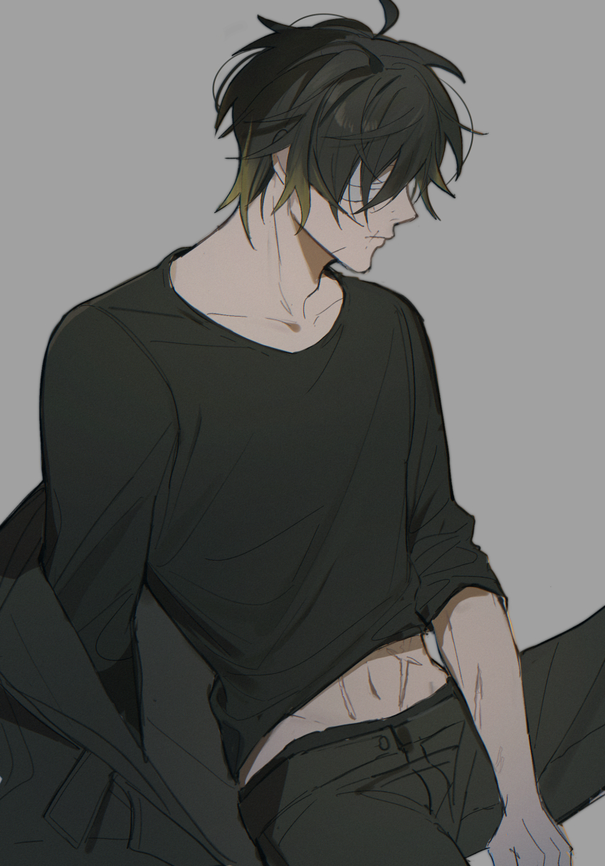 1boy, black_shirt, eyepatch, green_hoodie, green_pants, grey_background, highres, hood