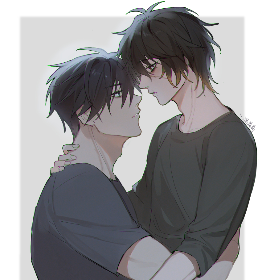 2boys, black_eyes, black_hair, black_shirt, blonde_hair, border, brown_hair, carrying
