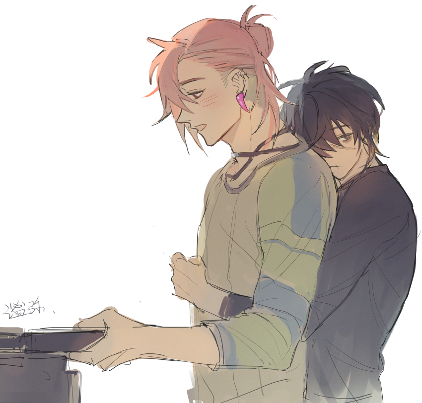 2boys, black_hair, black_shirt, blonde_hair, blue_shirt, blush, earrings, frying_pan