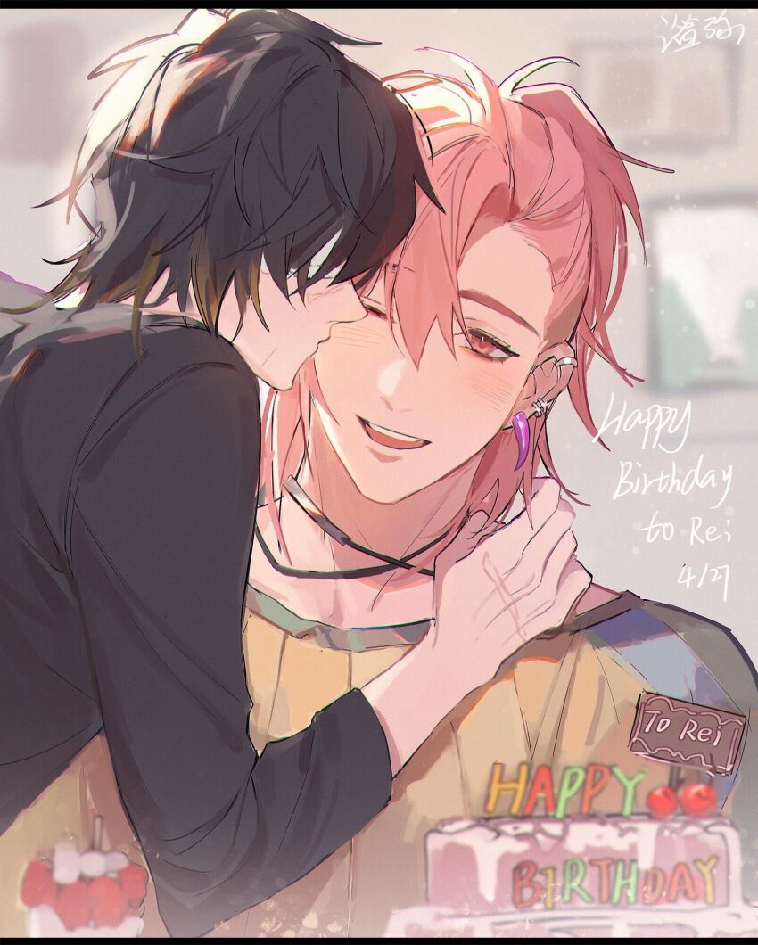 2boys, black_hair, black_hoodie, blonde_hair, blue_shirt, cake, character_name, dated, earrings, eyepatch, food, half_updo, happy_birthday, highres, hood, hood_down, hoodie, izumi_rei_(slow_damage), jewelry, kiss, kissing_cheek, long_sleeves, looking_at_another, male_focus, multicolored_shirt, multiple_boys, multiple_earrings, orange_eyes, pink_hair, ponytail, shirt, slow_damage, smile, teeth, towa_(slow_damage), yaoi, yellow_shirt, yumi_(honey)