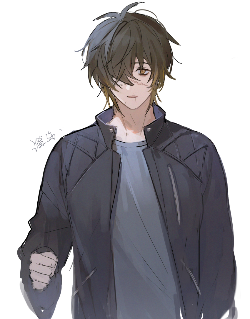 1boy, black_hair, black_jacket, blonde_hair, grey_background, grey_shirt, hair_over_one_eye, highres