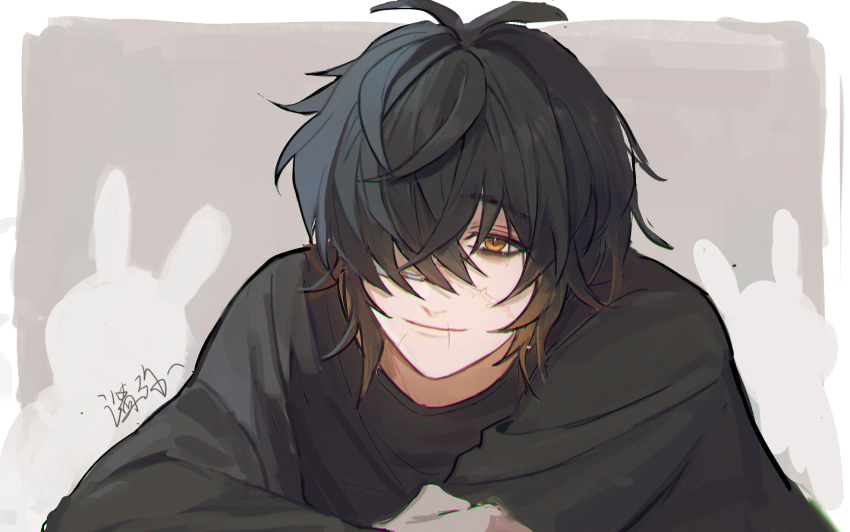 1boy, black_hair, black_shirt, border, brown_hair, closed_mouth, grey_background, highres, long_sleeves, male_focus, multicolored_hair, orange_eyes, scar, scar_on_face, shirt, short_hair, slow_damage, smile, solo, towa_(slow_damage), translation_request, white_border, yumi_(honey)