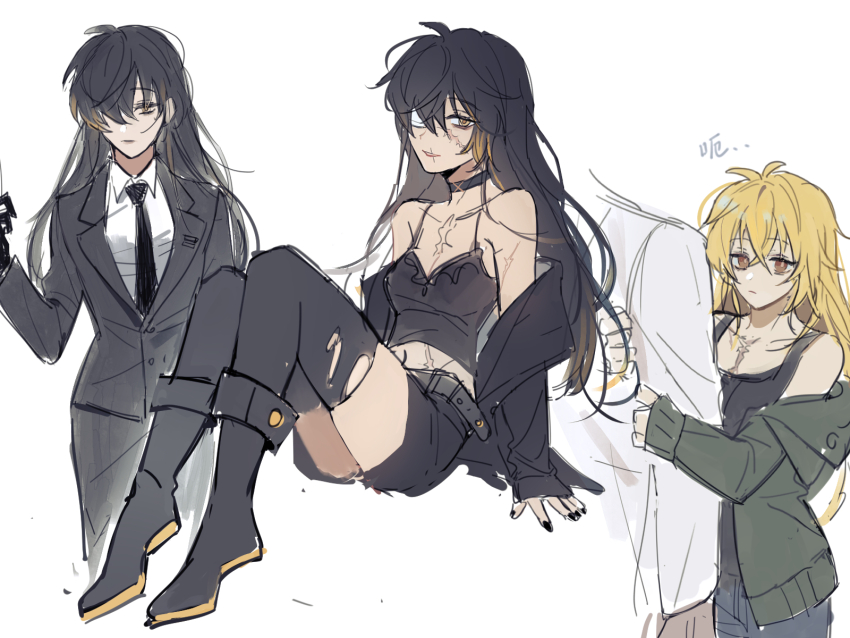 3girls, black_choker, black_footwear, black_hair, black_jacket, black_necktie, black_pants, black_shirt, black_tank_top, black_thighhighs, blonde_hair, boots, brown_eyes, choker, collared_shirt, genderswap, genderswap_(mtf), green_hoodie, grey_background, highres, hood, hood_down, hoodie, jacket, long_hair, multicolored_hair, multiple_girls, multiple_persona, necktie, orange_eyes, pants, shirt, sketch, slow_damage, tank_top, thighhighs, towa_(slow_damage), white_shirt, yumi_(honey)