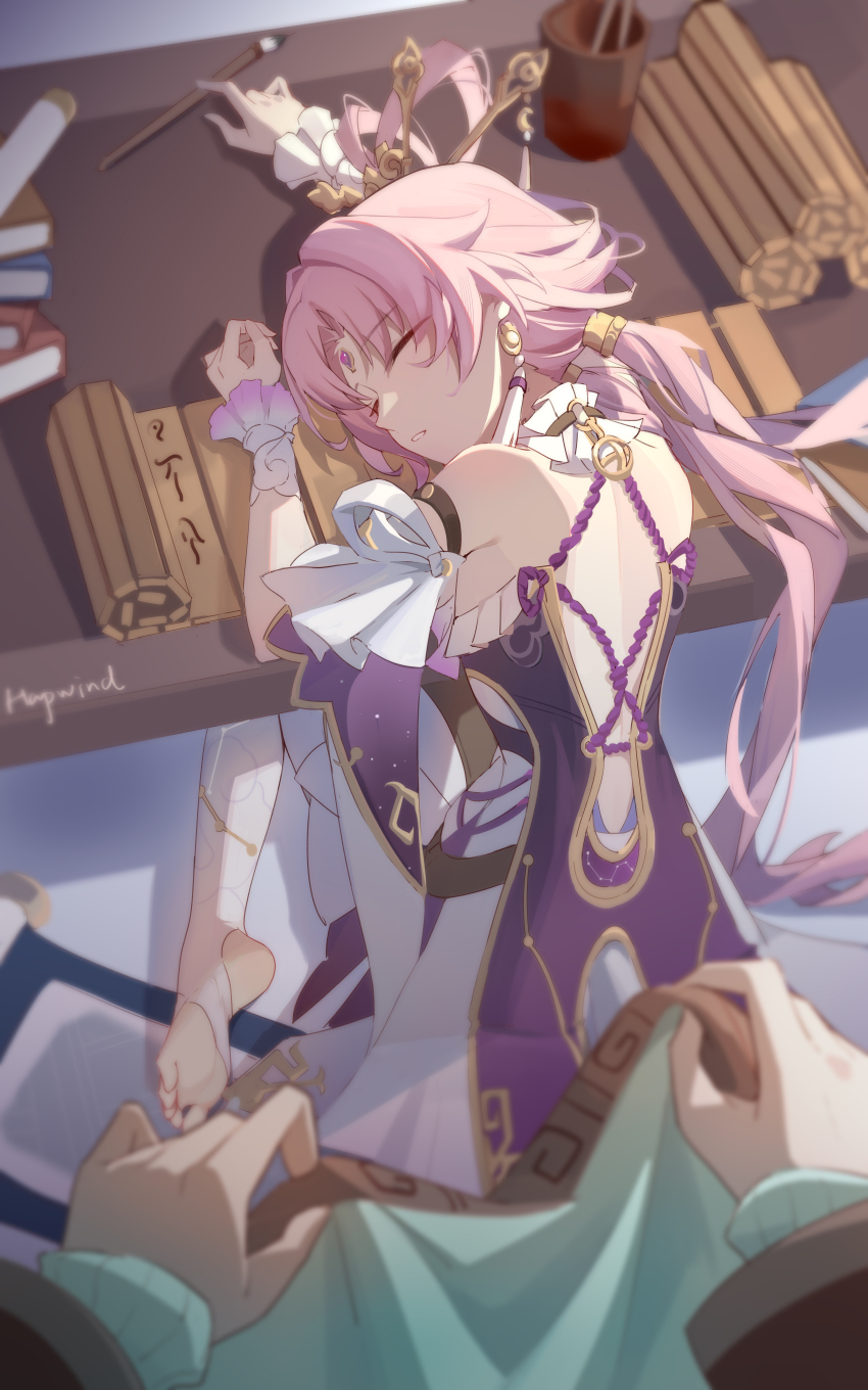 2girls, absurdres, bare_shoulders, barefoot, calligraphy_brush, chinese_clothes, closed_eyes, feet, female_pov, forehead_jewel, fu_xuan_(honkai:_star_rail), hapwind, highres, holding, holding_weapon, honkai:_star_rail, honkai_(series), jewelry, multiple_girls, paintbrush, parted_bangs, pink_eyes, pov, qingque_(honkai:_star_rail), sleeping, solo_focus, table, toes, weapon