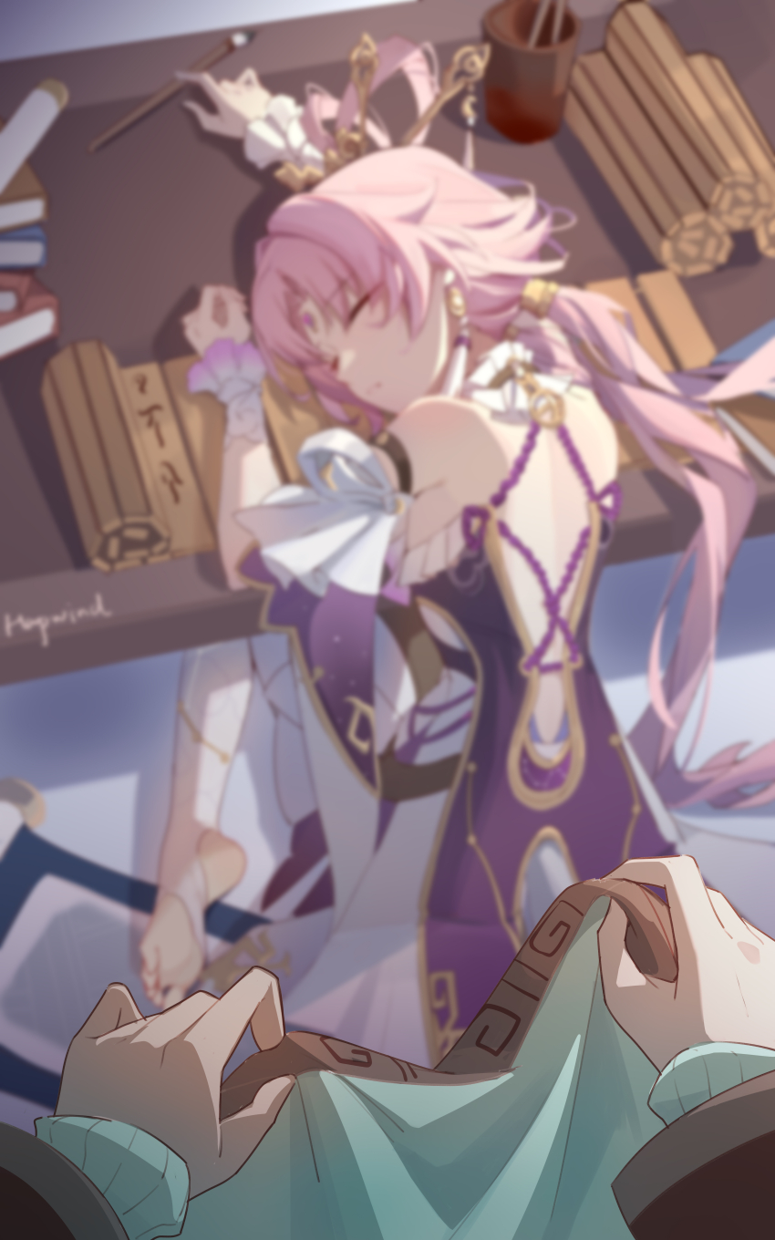 2girls, absurdres, bare_shoulders, barefoot, blurry, blurry_background, calligraphy_brush, chinese_clothes