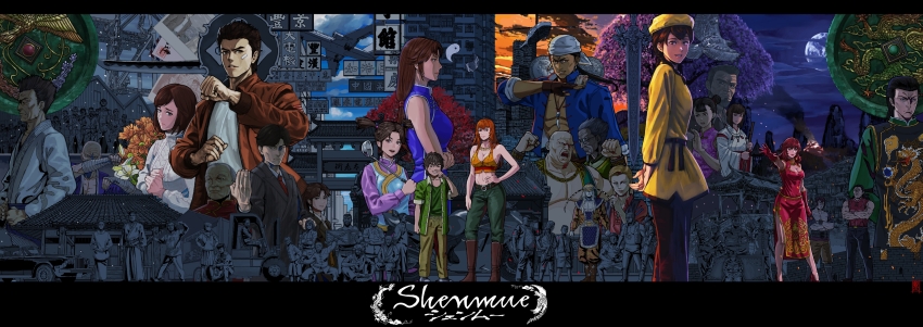 6+boys, 6+girls, absurdres, aircraft, airplane, annotation_request, architecture, arms_behind_back, bird, breasts, car, chai_(shenmue), chen_gui_zhang, chen_yao_wen, china_dress, chinese_clothes, chinese_text, city, cityscape, cleavage, cloud, cloudy_sky, day, dojo, dou_niu, dragon, dress, eagle, east_asian_architecture, eastern_dragon, everyone, fighting_stance, flower, forklift, full_moon, harasaki_nozomi, hayata_ine, hazuki_iwao, hazuki_ryou, helicopter, highres, hong_kong, hong_xiu_ying, japanese_clothes, joy_(shenmue), lan_di, ling_shen_hua, logo, mark_kimberly, medium_breasts, mihashi_gorou, moon, motor_vehicle, mountainous_horizon, multiple_boys, multiple_girls, ni_xian_weng, niao_sun, night, partially_annotated, phoenix, photo_(object), raikou_(ff), ren_wu_ying, sawano_mai, sega, shenmue, shenmue_ii, shenmue_iii, simplified_chinese_text, sky, sunset, sword, tom_johnson, tree, very_wide_shot, warehouse, weapon, xun_fang_mei, yin_yang, yorimitsu