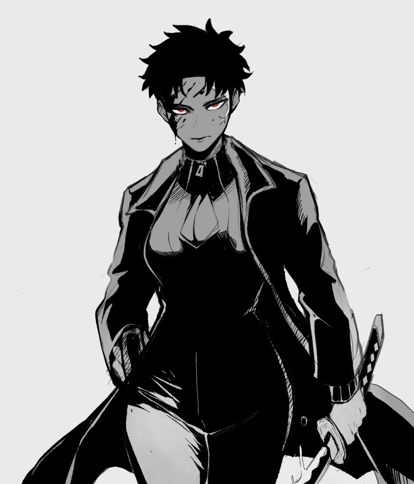 1girl, blood, blood_on_face, commentary, cowboy_shot, english_commentary, expressionless, genderswap, genderswap_(mtf), hand_on_own_hip, highres, holding, holding_sword, holding_weapon, jacket, kagurabachi, katana, long_sleeves, looking_at_viewer, monochrome, nyantcha, red_eyes, rokuhira_chihiro, scar, scar_on_face, short_hair, solo, spot_color, sword, weapon