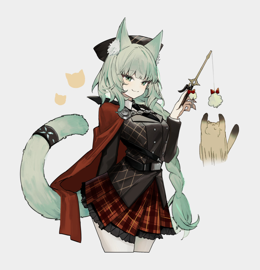 1girl, :3, absurdres, animal_ear_fluff, animal_ears, arknights, black_jacket, black_necktie, blunt_bangs, braid, braided_ponytail, cape, cat, cat_ears, cat_girl, cat_tail, cat_teaser, collared_shirt, cropped_legs, frilled_skirt, frills, green_eyes, green_hair, harmonie_(arknights), harmonie_(invitation)_(arknights), highres, holding, holding_toy, jacket, long_hair, long_sleeves, merry-san, motion_lines, necktie, plaid_clothes, plaid_skirt, red_cape, red_skirt, shirt, simple_background, skirt, smile, solo, tail, toy, white_background, white_shirt