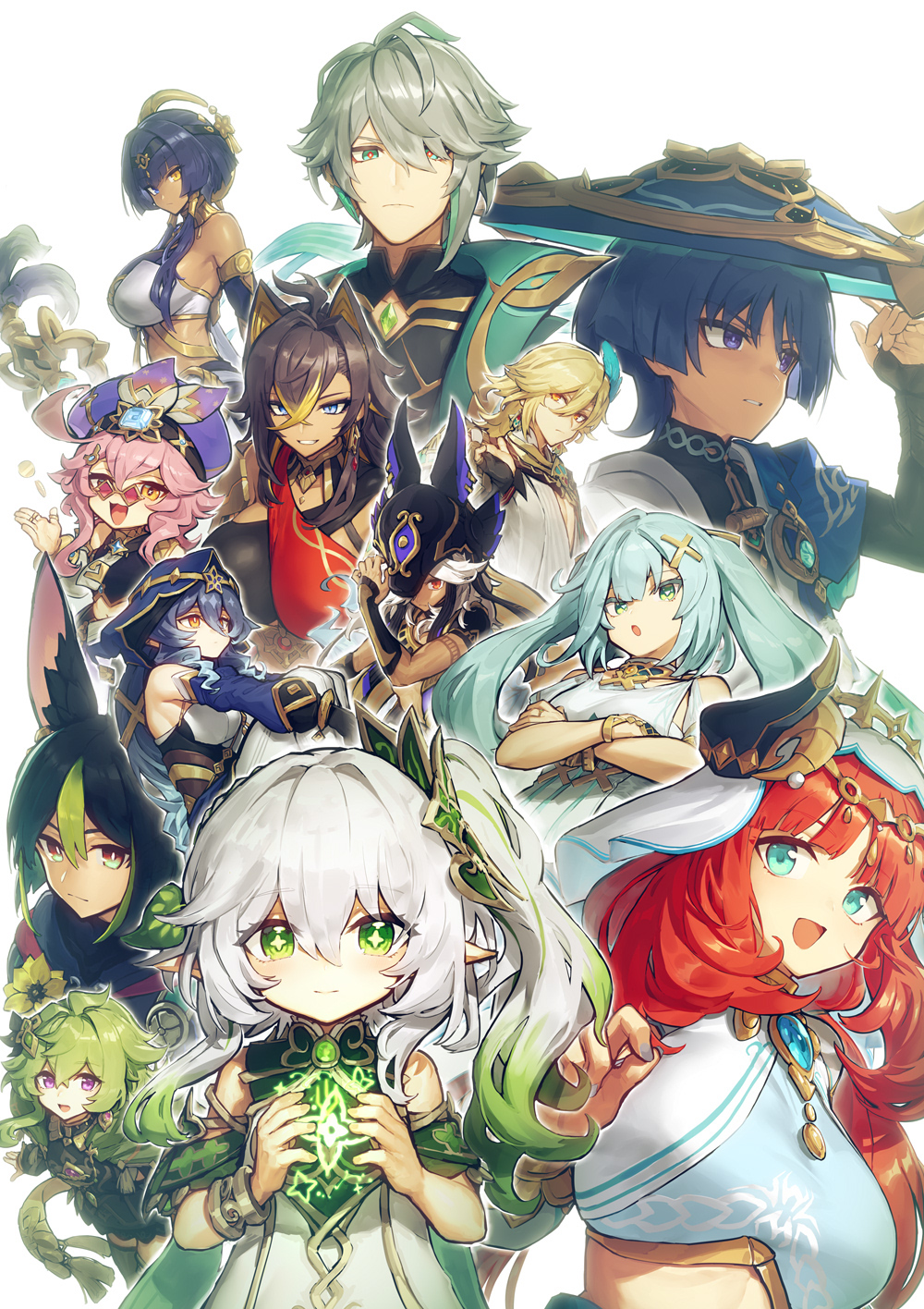 5boys, 6+girls, ahoge, alhaitham_(genshin_impact), animal_ears, animal_hat, aqua_hair, armlet