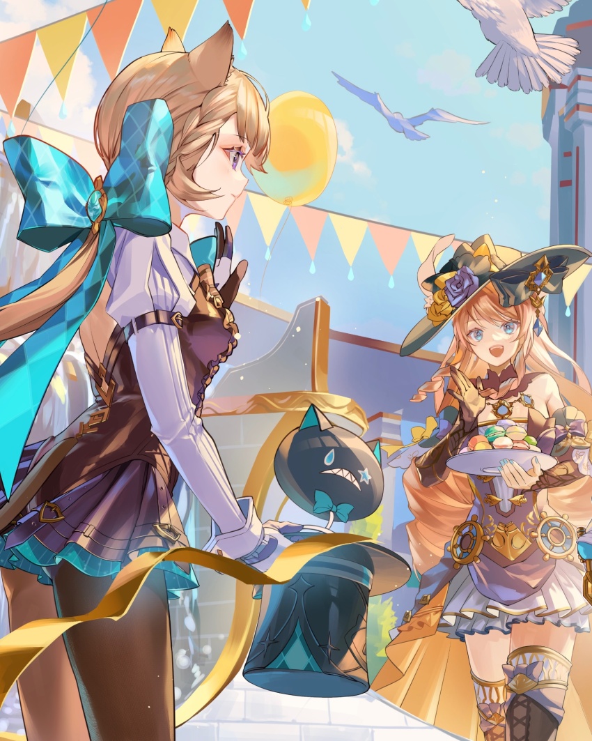 2girls, animal_ear_fluff, animal_ears, aqua_gem, balloon, bare_shoulders, belt, bird