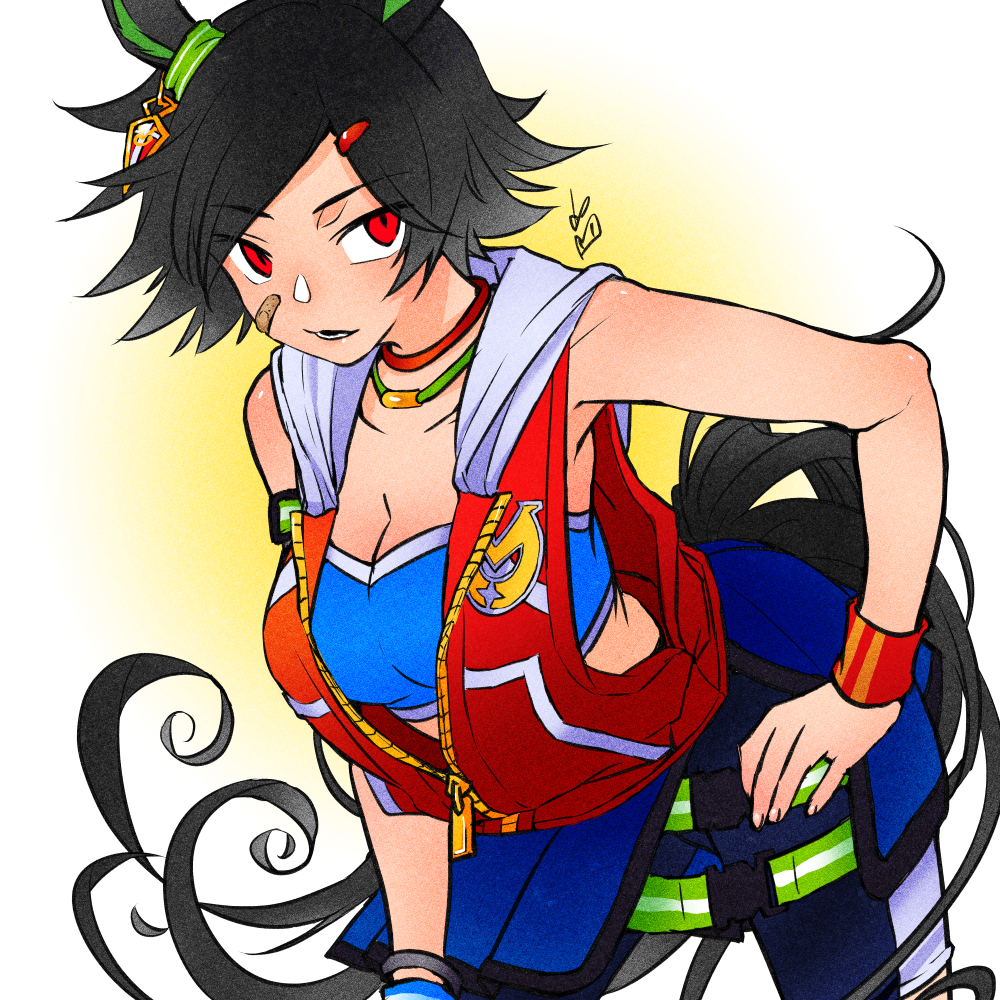 1girl, animal_ears, artist_logo, bandaid, bandaid_on_face, bandeau, black_hair, blue_pants