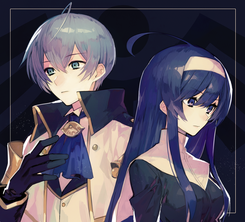 1boy, 1girl, ahoge, aqua_eyes, black_gloves, blue_eyes, blue_hair, breasts