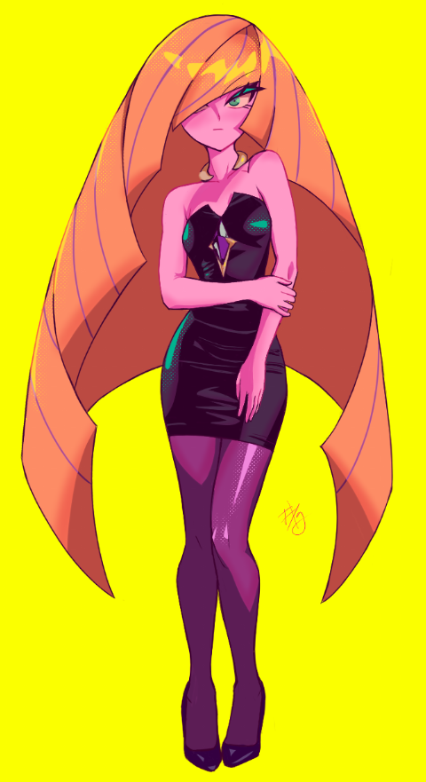 artist_name, black_dress, blonde_hair, blue_eyes, closed_mouth, cocktail_dress, dress, eyeshadow