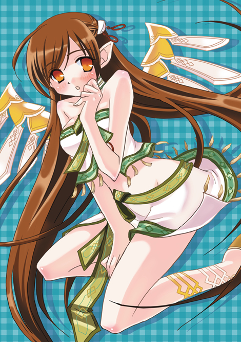 1girl, bare_shoulders, between_legs, blue_background, blush, breasts, brown_hair, drop_shadow