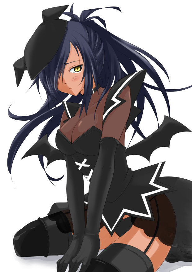 1girl, bat_wings, between_legs, black_choker, black_hat, black_panties, black_thighhighs, black_wings