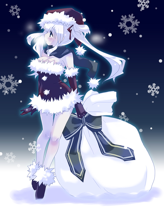 1girl, :o, blue_eyes, bow, breasts, breath, christmas, cleavage