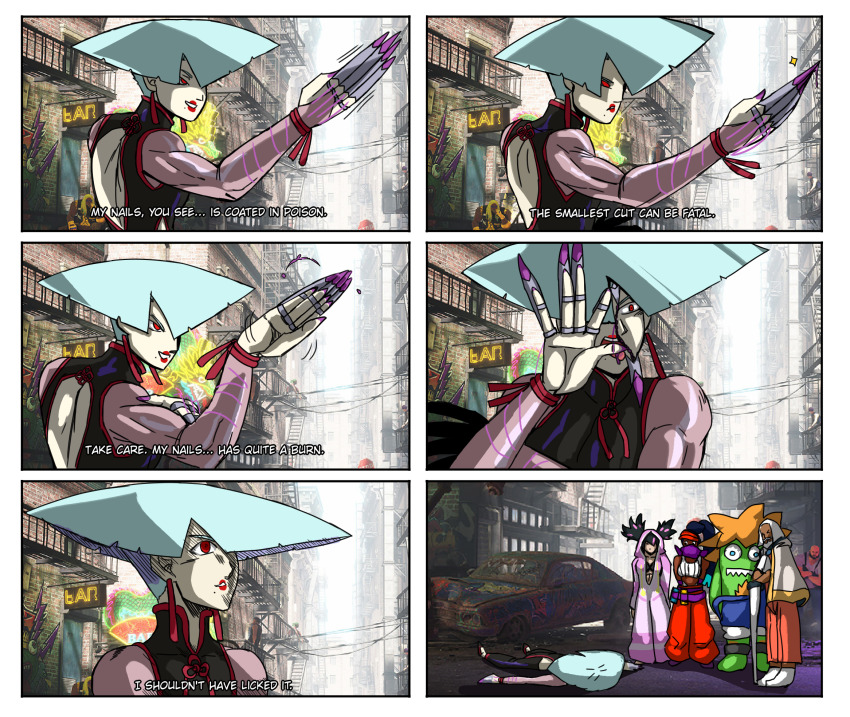 2boys, 3girls, a.k.i._(street_fighter), blanka, blue_hair, charge_sol, comic, han_juri, highres, jp_(street_fighter), kimberly_jackson, meme, multiple_boys, multiple_girls, muscular, muscular_female, red_eyes, street_fighter, street_fighter_6, tagme, yuusha_yoshihiko_to_maou_no_shiro