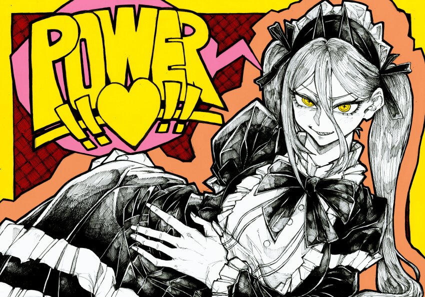 absurdres, chainsaw_man, cross-shaped_pupils, demon_girl, frills, greyscale, hair_between_eyes, heart, highres, horns, kachihoko, light_blush, lying, maid, maid_headdress, monochrome, power_(chainsaw_man), ribbon, sharp_teeth, symbol-shaped_pupils, teeth, twintails, yellow_eyes