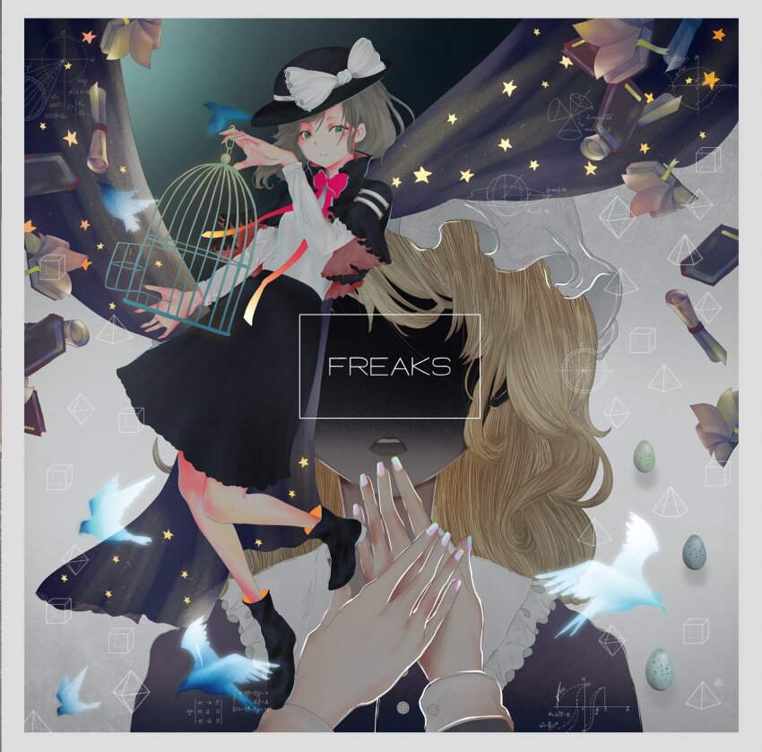 2girls, bird, birdcage, black_capelet, black_footwear, black_headwear, black_skirt, blonde_hair, blue_cape, book, boots, bow, bowtie, brown_eyes, brown_hair, butaotome, buttons, cage, cape, capelet, closed_mouth, collar, collared_capelet, collared_dress, commentary_request, dove, dress, egg, english_text, fingernails, frilled_capelet, frilled_collar, frilled_hat, frills, frown, full_body, hat, hat_bow, high_collar, highres, holding, holding_cage, leg_up, long_sleeves, maribel_hearn, math, medium_hair, medium_skirt, mob_cap, multiple_girls, open_book, open_mouth, purple_dress, ranko_no_ane, red_bow, red_bowtie, scroll, shaded_face, shirt, short_hair, skirt, star_(symbol), star_print, teeth, touhou, upper_body, upper_teeth_only, usami_renko, wavy_hair, white_background, white_bow, white_collar, white_headwear, white_shirt