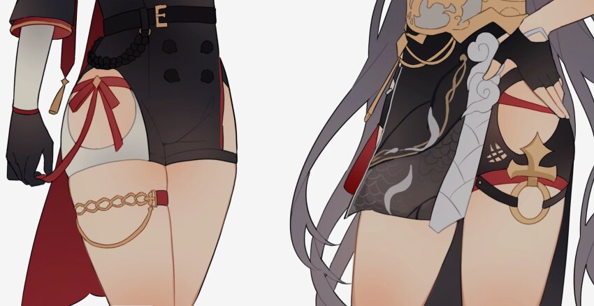 2girls, black_gloves, commentary_request, fingerless_gloves, gloves, grey_hair, hand_on_own_hip, haruka_(rsyaooooo), herrscher_of_sentience, highres, honkai:_star_rail, honkai_(series), honkai_impact_3rd, long_hair, lower_body, multiple_girls, o-ring, pelvic_curtain, thigh_focus, thighs, topaz_(honkai:_star_rail), very_long_hair