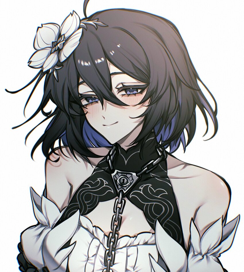 1girl, ahoge, bare_shoulders, black_hair, blue_eyes, blue_hair, blush, breasts, chain, closed_mouth, collarbone, colored_inner_hair, detached_sleeves, dress, flower, hair_between_eyes, hair_flower, hair_ornament, highres, honkai_(series), honkai_impact_3rd, light_smile, lock, looking_at_viewer, multicolored_hair, n_7, nose_blush, seele_vollerei, seele_vollerei_(stygian_nymph), simple_background, small_breasts, solo, upper_body, white_background, white_dress, white_flower