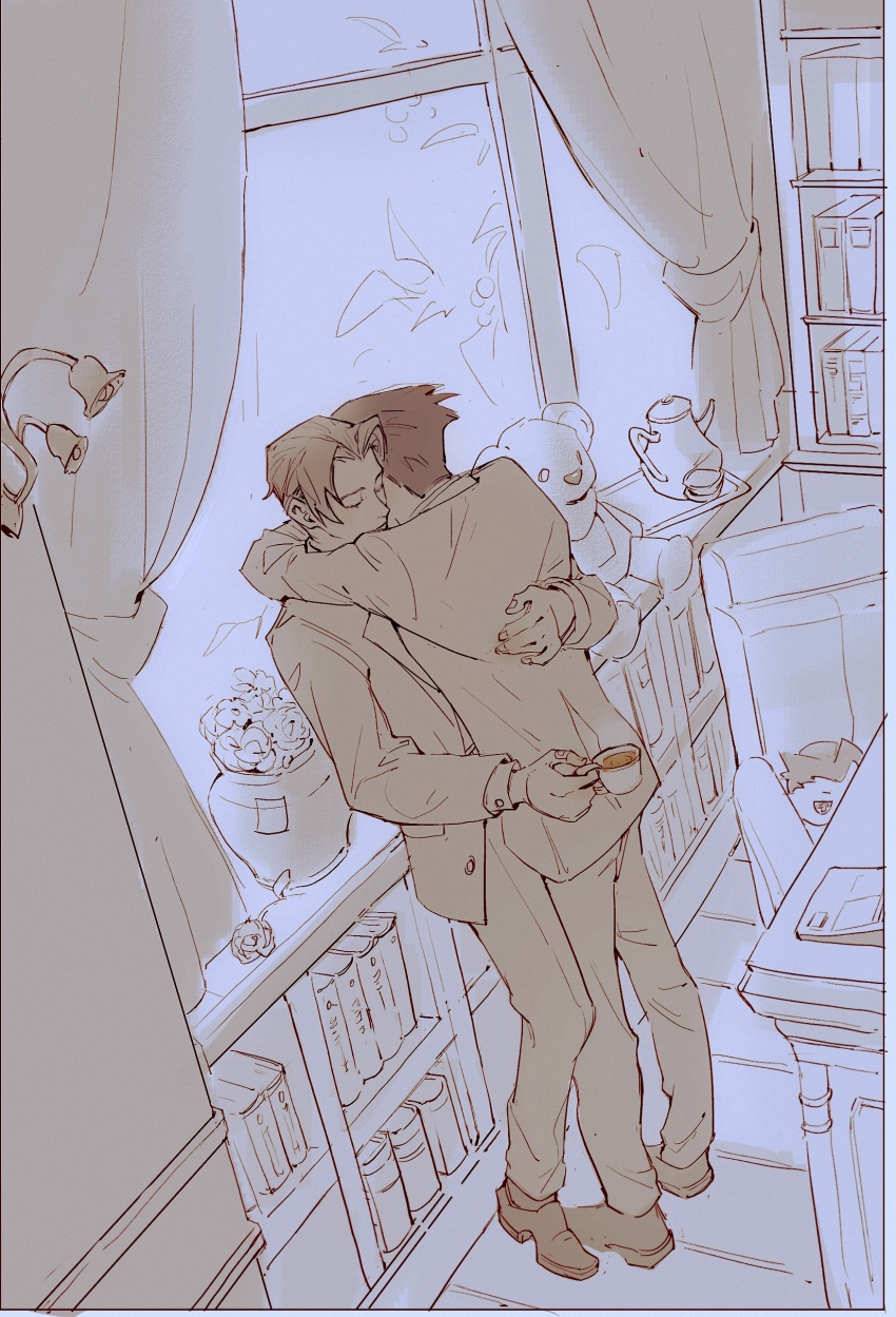 2boys, absurdres, ace_attorney, chair, closed_eyes, cup, curtains, desk