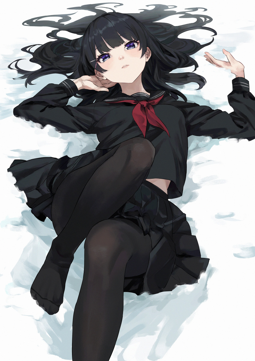 1girl, absurdres, black_eyes, black_hair, black_pantyhose, black_serafuku, black_shirt, black_skirt