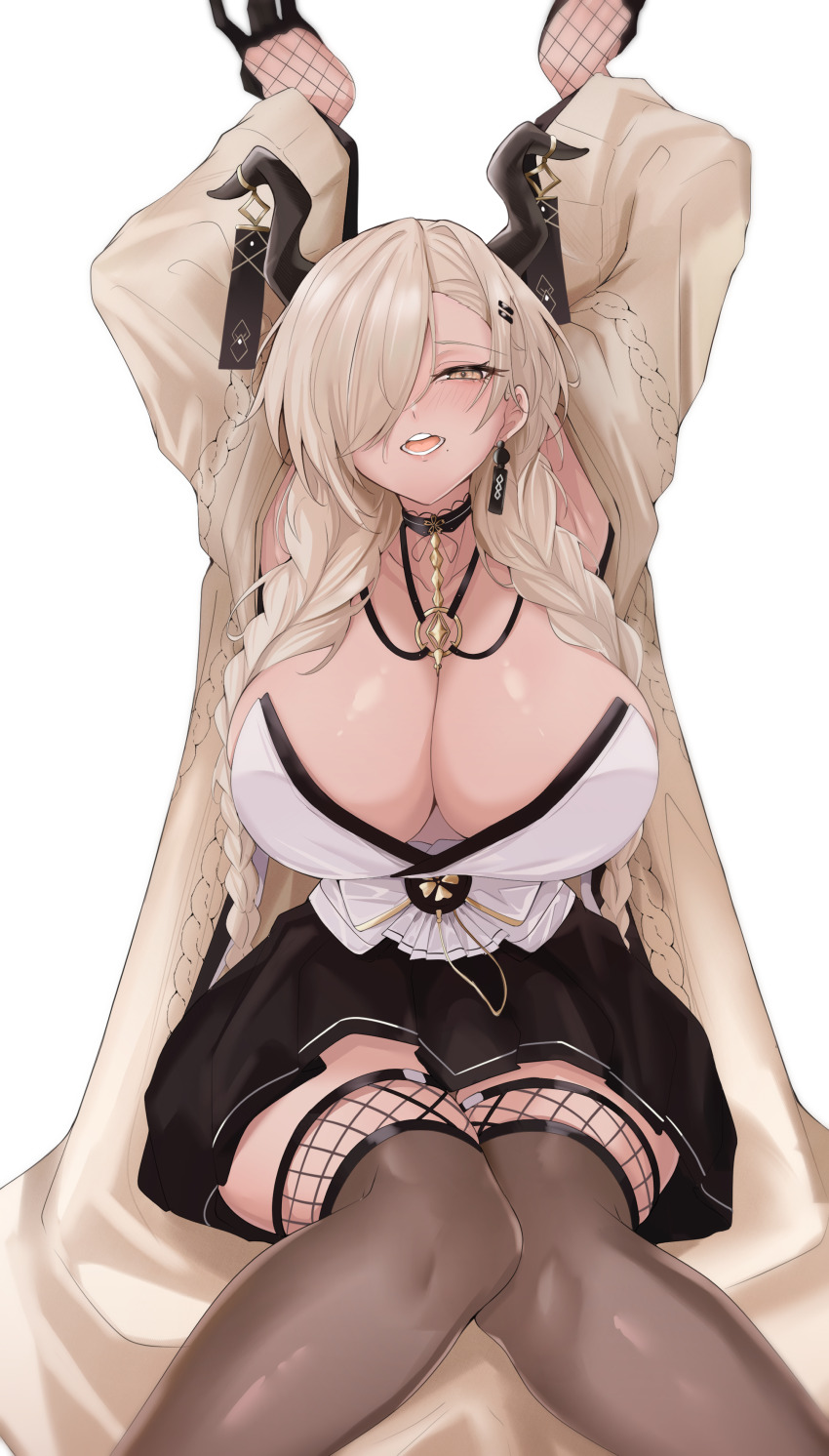 1girl, absurdres, arms_up, azur_lane, bare_shoulders, black_gloves, black_skirt, blonde_hair