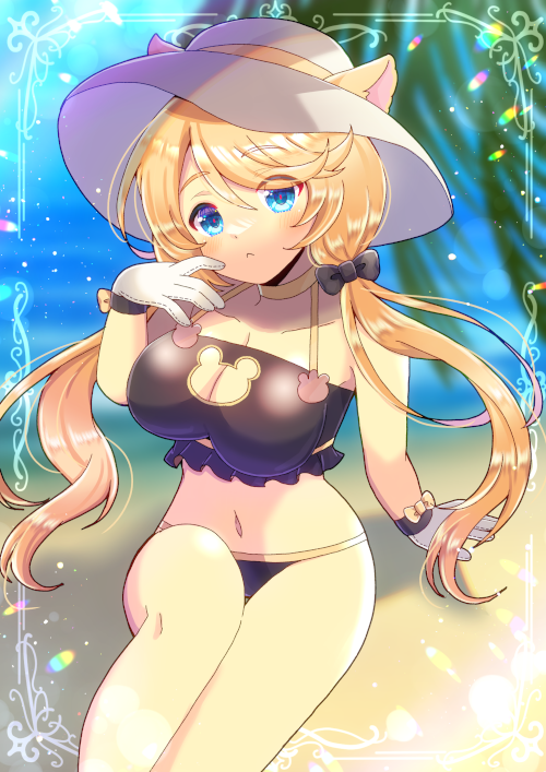 1girl, bare_shoulders, bikini, black_bikini, black_bow, blonde_hair, blue_eyes, blurry