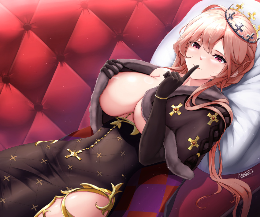 1girl, absurdres, areola_slip, argyle_cape, argyle_clothes, azur_lane, black_cape, black_dress