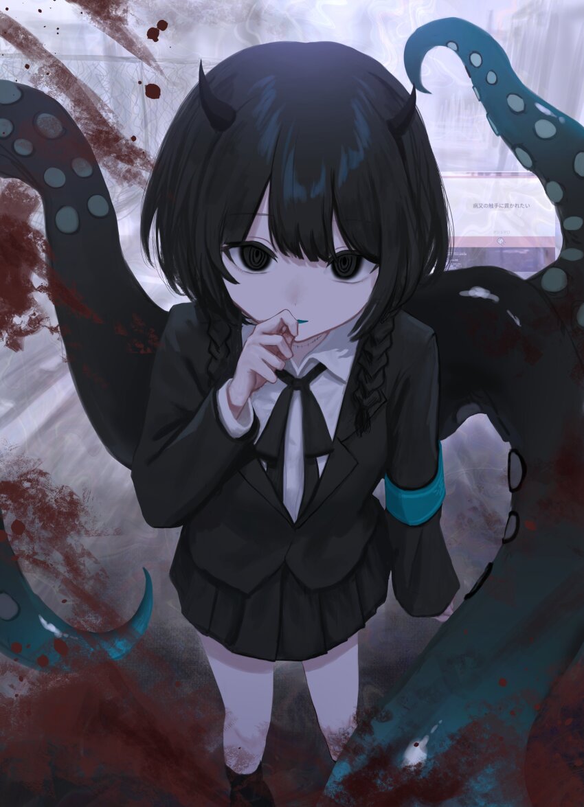 1girl, absurdres, black_hair, blood, collared_shirt, demon_horns, highres, horns