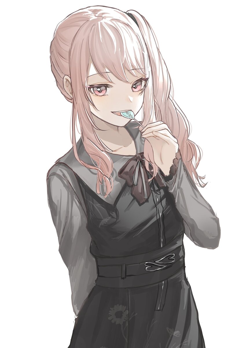 1other, akiyama_mizuki, amuko08, black_dress, bow, candy, dress, eating