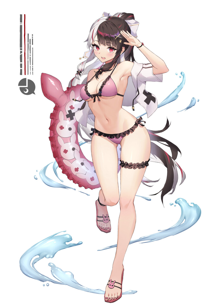 1girl, absurdres, ahoge, alternate_costume, animal_print, armpits, bikini, black_hair